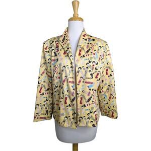 Vintage Nouveaux Blazer Womens 16 Kokeshi Doll Asian Theme Mandarin Collar Open